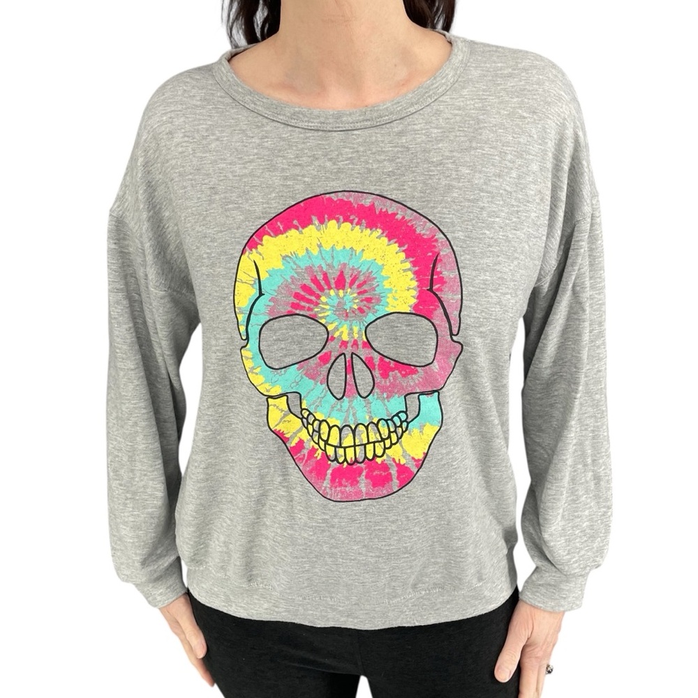Blue Buttercup Graphic Sweatshirt – Tie Dye Skull Print, Made in USA, Women’s M